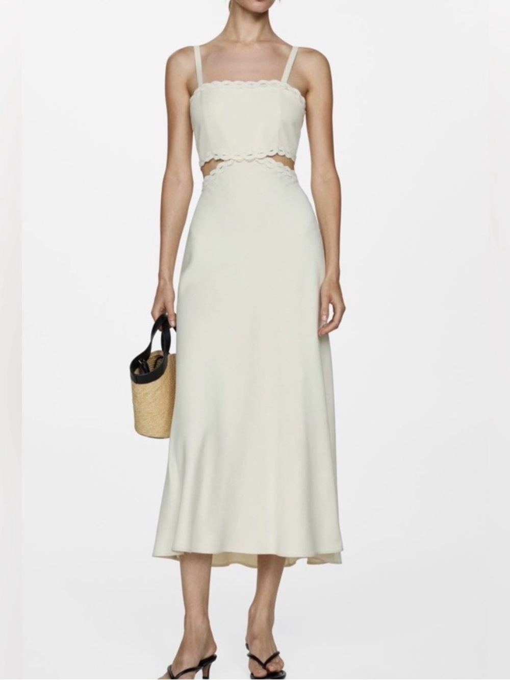 NWT Mango Cream Scalloped Cutout Midi Dress